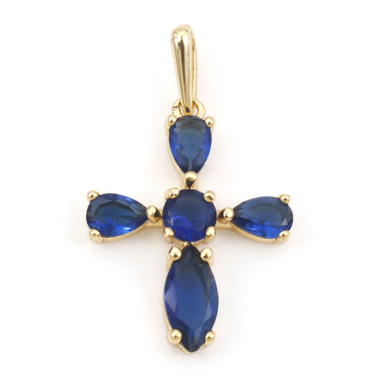 Image de Pendentifs Religieux en Laiton Croix Plaqué Or Véritable 18K à Zircone Cubique Bleu Foncé 3.2cm x 1.9cm, 1 Pièce