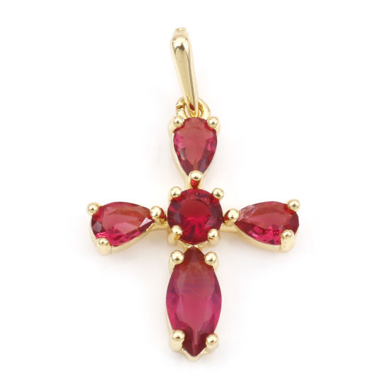Image de Pendentifs Religieux en Laiton Croix Plaqué Or Véritable 18K à Zircone Cubique Fuchsia 3.2cm x 1.9cm, 1 Pièce