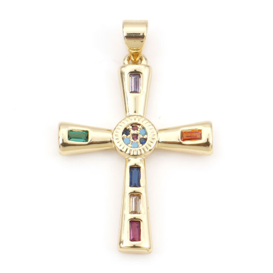 Image de Pendentifs Religieux en Laiton Croix Plaqué Or Véritable 18K Micro Pave à Zircone Cubique Multicolore 3.3cm x 2.1cm, 1 Pièce