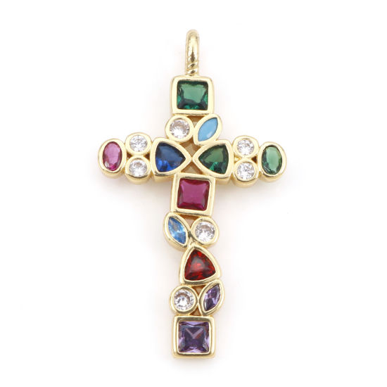 Image de Pendentifs Religieux en Laiton Croix Plaqué Or Véritable 18K à Zircone Cubique Multicolore 3.2cm x 1.8cm, 1 Pièce
