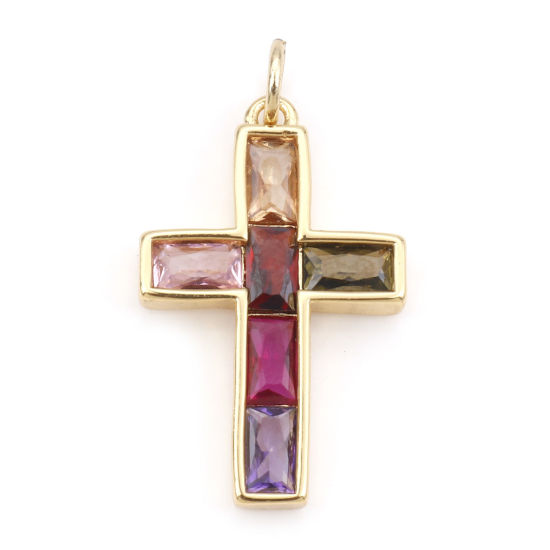 Image de Breloques Religieux en Laiton Croix Plaqué Or Véritable 18K à Zircone Cubique Multicolore 28mm x 15mm, 1 Pièce