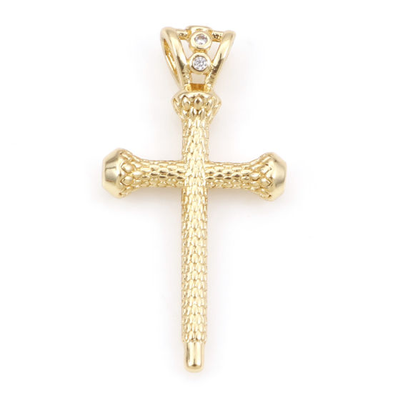 Image de 1 Pièce Pendentif Breloque Religieux en Laiton Croix Plaqué Or Véritable 18K à Zircone Cubique Clair 26mm x 13.5mm