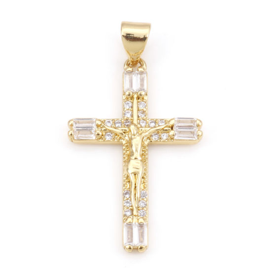 Image de Pendentifs Religieux en Laiton Croix Plaqué Or Véritable 18K Micro Pave à Zircone Cubique Clair 3.3cm x 1.8cm, 1 Pièce