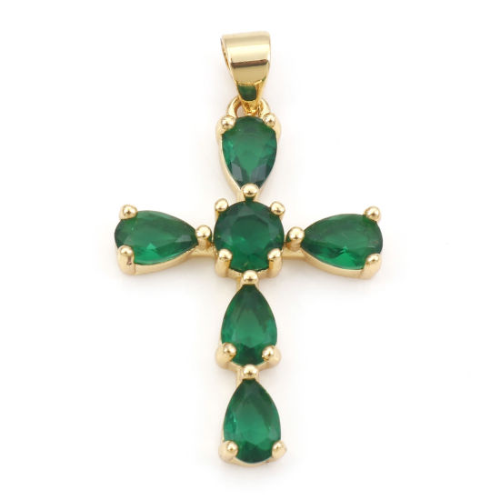 Image de Pendentifs Religieux en Laiton Croix Plaqué Or Véritable 18K à Zircone Cubique Vert 3.3cm x 1.9cm, 1 Pièce