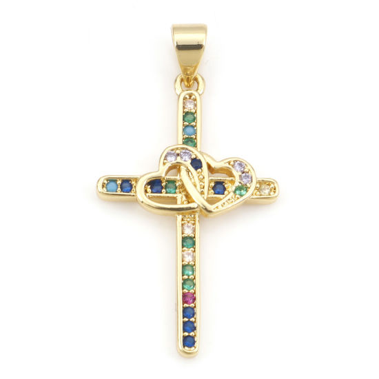 Image de Pendentifs Religieux en Laiton Croix Plaqué Or Véritable 18K Cœur Micro Pave à Zircone Cubique Multicolore 3.3cm x 1.7cm, 1 Pièce