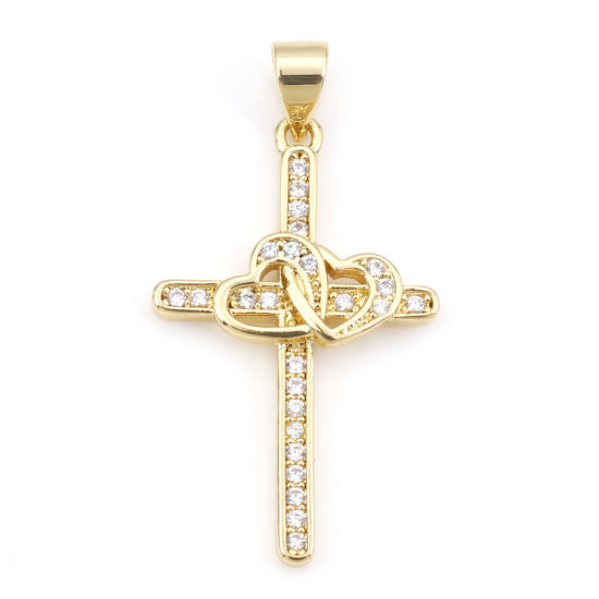 Image de Pendentifs Religieux en Laiton Croix Plaqué Or Véritable 18K Cœur Micro Pave à Zircone Cubique Clair 3.3cm x 1.7cm, 1 Pièce