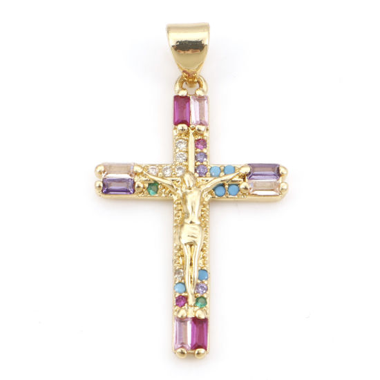 Image de Pendentifs Religieux en Laiton Croix Plaqué Or Véritable 18K Jésus Micro Pave à Zircone Cubique Multicolore 3.3cm x 1.8cm, 1 Pièce