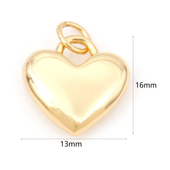 Picture of 1 Piece Brass Valentine's Day Charms Wholesale 18K Real Gold Plated Heart 3D 16mm x 13mm