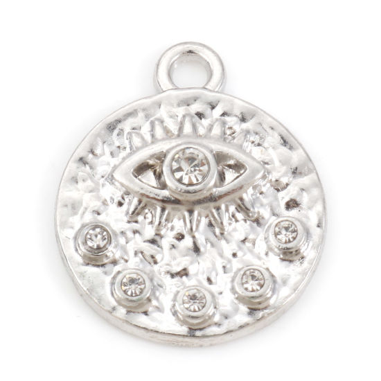 Bild von Zinklegierung Religiös Charms Rund Silberfarbe Auge der Vorsehung/ Allsehendes Auge Transparent Strass 21mm x 18mm, 10 Stück