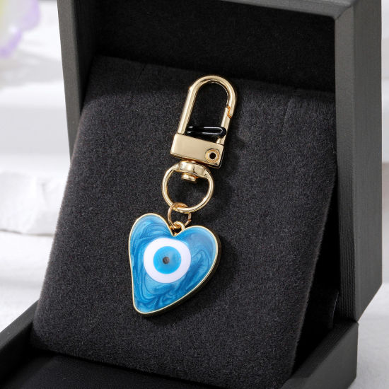 Image de Porte-Clés Simple Doré Bleu Cœur Œil Mauvais Émail 5.7cm x 2.3cm, 1 Pièce