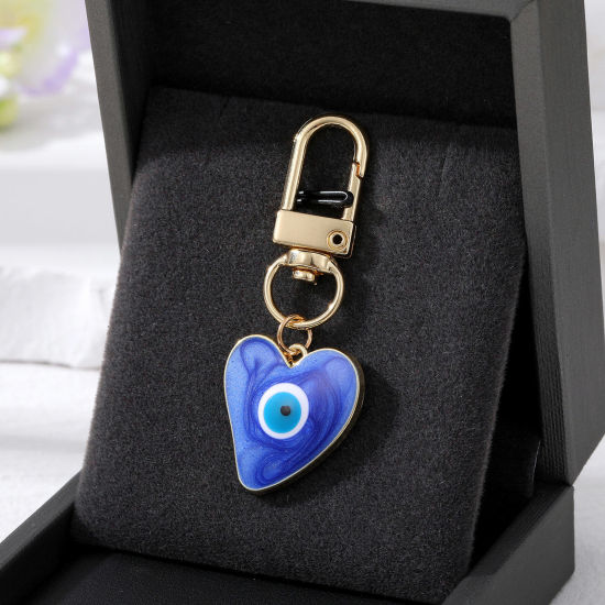 Image de Porte-Clés Simple Doré Bleu Foncé Cœur Œil Mauvais Émail 5.7cm x 2.3cm, 1 Pièce