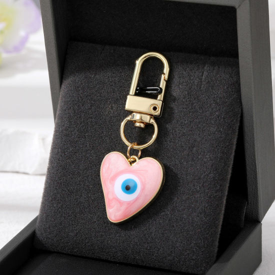 Image de Porte-Clés Simple Doré Rose Cœur Œil Mauvais Émail 5.7cm x 2.3cm, 1 Pièce