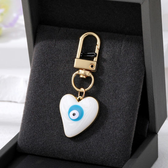 Image de Porte-Clés Simple Doré Blanc Cœur Œil Mauvais Émail 5.7cm x 2.3cm, 1 Pièce