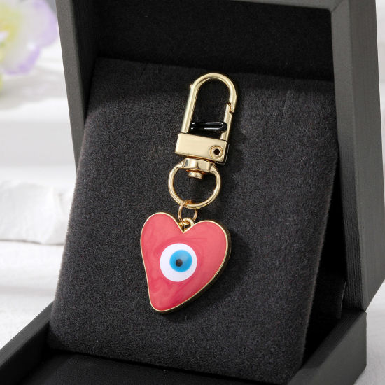 Image de Porte-Clés Simple Doré Rouge Cœur Œil Mauvais Émail 5.7cm x 2.3cm, 1 Pièce
