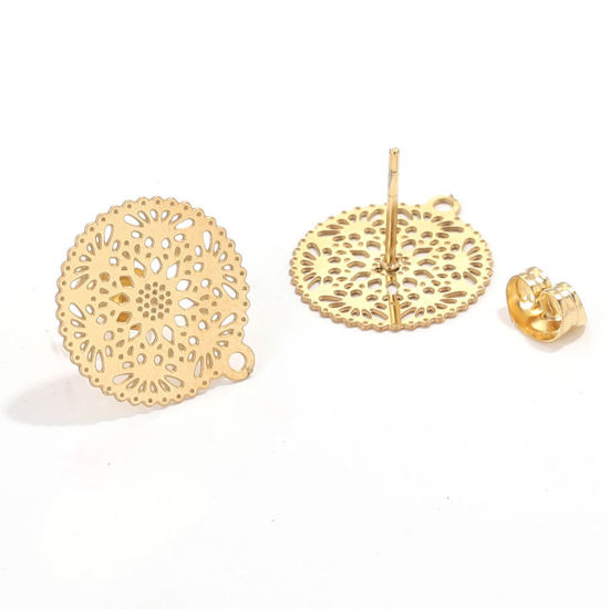 Picture of 2 PCs Vacuum Plating 304 Stainless Steel Boho Chic Bohemia Ear Post Stud Earrings Round 18K Gold Plated Filigree With Loop 15mm Dia., Post/ Wire Size: (21 gauge)