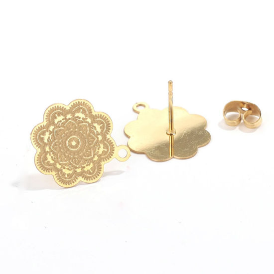 Picture of 2 PCs Vacuum Plating 304 Stainless Steel Boho Chic Bohemia Ear Post Stud Earrings Flower 18K Gold Plated Filigree With Loop 17.5mm Dia., Post/ Wire Size: (21 gauge)