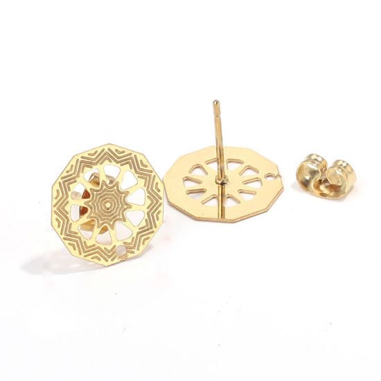 Picture of 2 PCs Vacuum Plating 304 Stainless Steel Boho Chic Bohemia Ear Post Stud Earrings Round 18K Gold Plated Filigree With Loop 13mm Dia., Post/ Wire Size: (21 gauge)