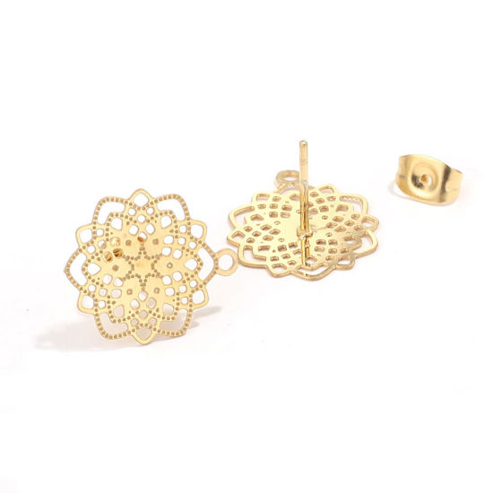 Picture of 2 PCs Vacuum Plating 304 Stainless Steel Boho Chic Bohemia Ear Post Stud Earrings Flower 18K Gold Plated Filigree With Loop 17mm Dia., Post/ Wire Size: (21 gauge)