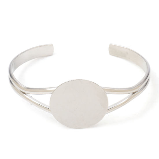 Picture of Brass Cabochon Settings Open Cuff Bangles Bracelets Findings Silver Tone (Fits 25mm Dia.) 16cm(6 2/8") long, 1 Piece