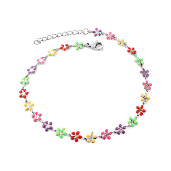 Image de Chaînes de Cheville Élégant en 304 Acier Inoxydable Chaînes Argent Mat Multicolore Émail Fleurs 22cm long, 1 Pièce