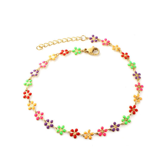 Image de Chaînes de Cheville Élégant en 304 Acier Inoxydable Chaînes Doré Multicolore Émail Fleurs 22cm long, 1 Pièce