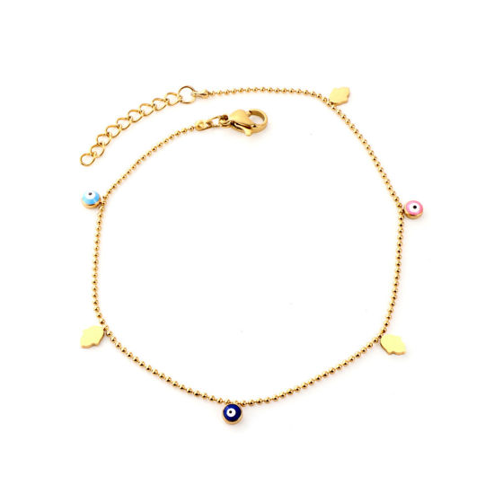 Image de Chaînes de Cheville Élégant en 304 Acier Inoxydable Chaînes Doré Multicolore Émail Mauvais Œil 22cm long, 1 Pièce