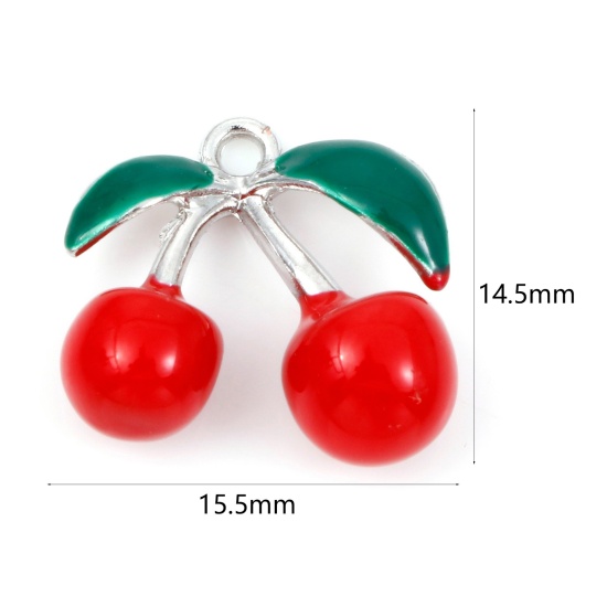 Image de Breloques 3D en Alliage de Zinc Cerise Argent Mat Rouge & Vert Émail 15.5mm x 14mm, 5 Pcs