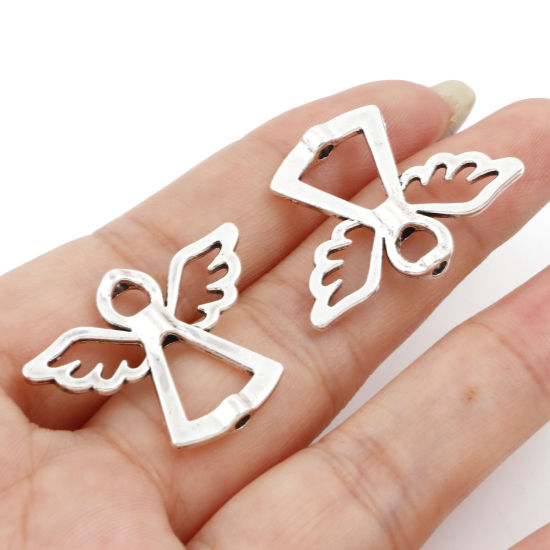 Image de Cadres de Perles Religieux en Alliage de Zinc Ange Argent Vieilli Creux (Perle Convenable: 6mm) 29mm x 22mm, 30 Pcs