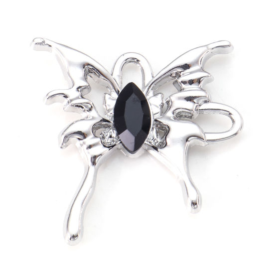Bild von Zinklegierung Insekt Charms Schmetterling Silberfarbe Schwarz Strass 29mm x 29mm, 5 Stück