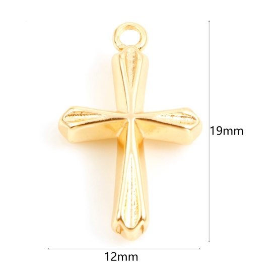 真鍮 宗教 チャーム クロス 18Kリアルゴールドメッキ 19mmx 12mm、 2 個 の画像