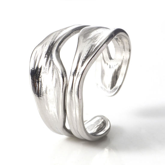 Image de Bagues Ouvert en 304 Acier Inoxydable Respectueux de la Nature Argent Mat Vagues 16.9mm (Taille d'US 6.5) , 2 Pcs