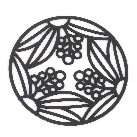 Image de Connecteurs Estampe en Filigrane en Alliage de Fer Rond Noir Feuilles Laqué 28mm Dia, 10 Pcs
