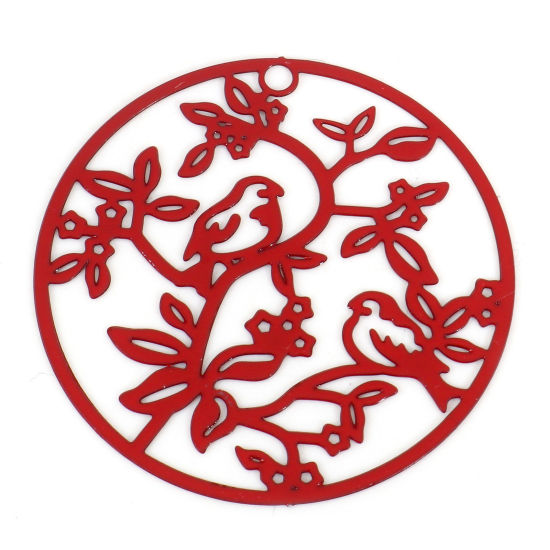 Image de Pendentifs Estampe en Filigrane en Alliage de Fer Rond Rouge Oiseaux Laqué 3.1cm Dia, 10 Pcs