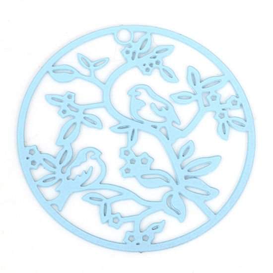 Image de Pendentifs Estampe en Filigrane en Alliage de Fer Rond Bleu Clair Oiseaux Laqué 3.1cm Dia, 10 Pcs