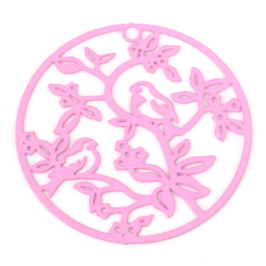 Image de Pendentifs Estampe en Filigrane en Alliage de Fer Rond Rose Oiseaux Laqué 3.1cm Dia, 10 Pcs