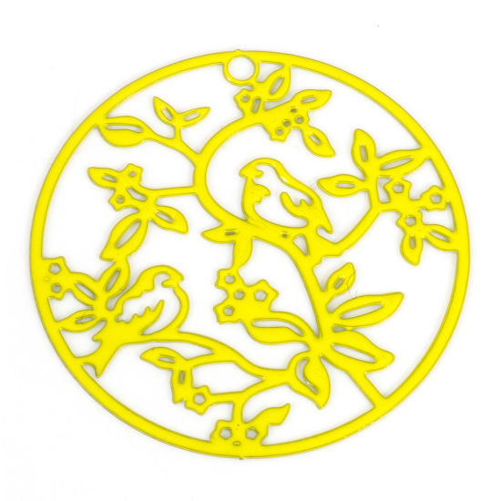 Image de Pendentifs Estampe en Filigrane en Alliage de Fer Rond Jaune Oiseaux Laqué 3.1cm Dia, 10 Pcs