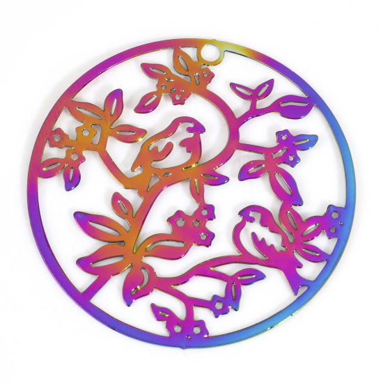 Image de Pendentifs Estampe en Filigrane en Alliage de Fer Rond Plaqué de Couleur Arc-en-ciel Oiseaux 3.1cm Dia, 10 Pcs