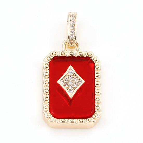 Picture of 1 Piece Brass Poker/ Paper Card/ Game Card Charm Pendant 18K Real Gold Plated Red Octagon Diamonds With Resin Cabochons Clear Cubic Zirconia 26mm x 13mm