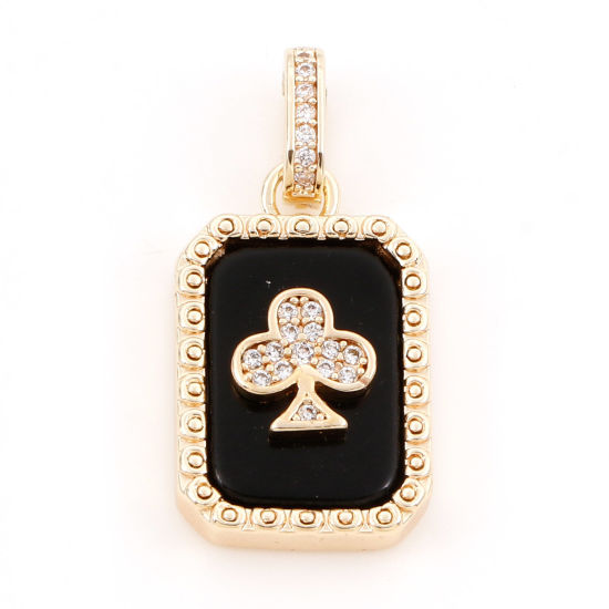 Picture of 1 Piece Brass Poker/ Paper Card/ Game Card Charm Pendant 18K Real Gold Plated Black Octagon Clubs With Resin Cabochons Clear Cubic Zirconia 26mm x 13mm