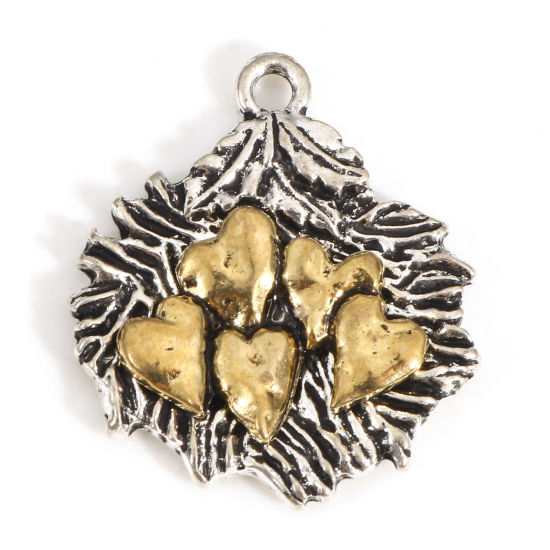 Picture of Zinc Based Alloy Valentine's Day Charms Antique Silver Color Gold Tone Antique Gold Two Tone Leaf Heart 26mm x 22mm, 10 PCs
