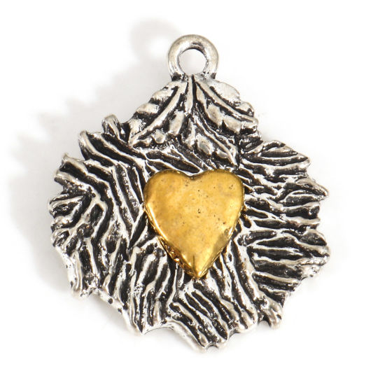 Picture of Zinc Based Alloy Valentine's Day Charms Antique Silver Color Gold Tone Antique Gold Two Tone Leaf Heart 26mm x 22mm, 10 PCs