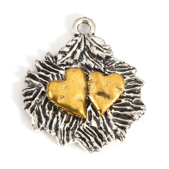 Picture of Zinc Based Alloy Valentine's Day Charms Antique Silver Color Gold Tone Antique Gold Two Tone Leaf Heart 26mm x 22mm, 10 PCs