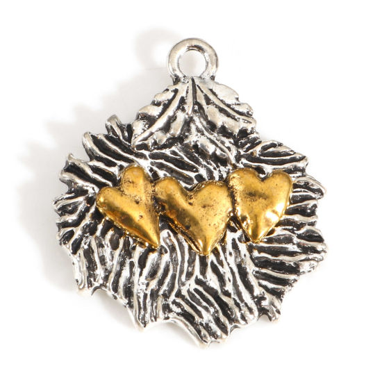 Picture of Zinc Based Alloy Valentine's Day Charms Antique Silver Color Gold Tone Antique Gold Two Tone Leaf Heart 26mm x 22mm, 10 PCs