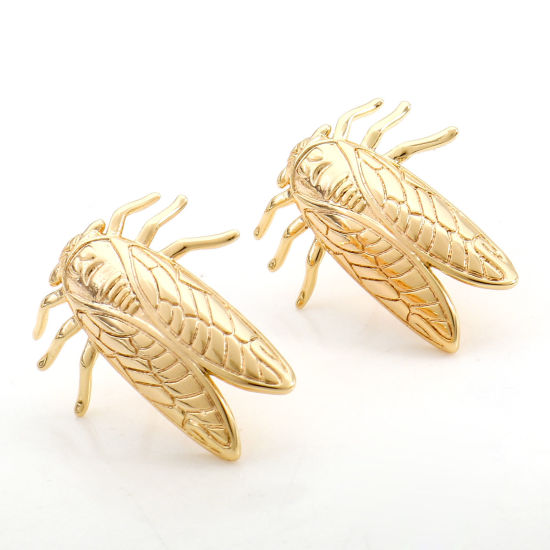 Picture of 2 PCs Brass Insect Earring Accessories 18K Real Gold Plated Cicada With Loop 23mm x 20mm, Post/ Wire Size: 0.9mm(19 gauge)