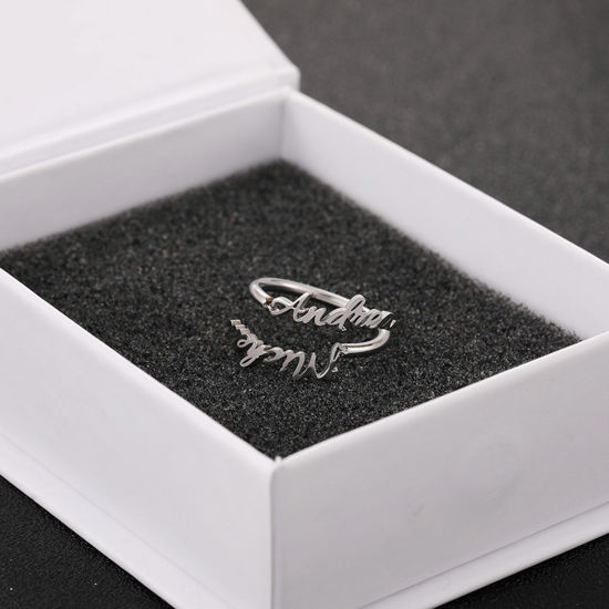 Image de Bagues Réglables Ouverts avec Nom Lettre Personnalisée en Acier Inoxydable Argent Mat 1 Pièce