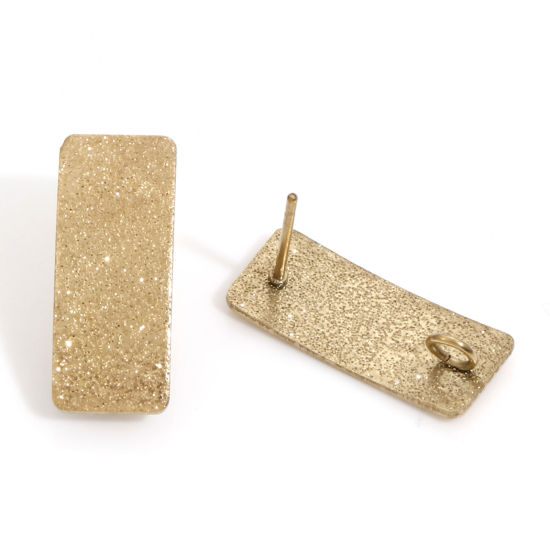 Imagen de Recubrimiento al Vacío PVD Ecológico 304 Acero Inoxidable Arete de Poste de Oreja con Accesorios de Conector de Bucle Rectángulo Chapado en Oro de 18K Polvo Estelar 20mm x 8mm, Post/ Wire Size: (20 gauge), 10 Unidades