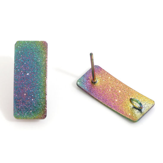 Imagen de Recubrimiento al Vacío PVD Ecológico 304 Acero Inoxidable Arete de Poste de Oreja con Accesorios de Conector de Bucle Rectángulo Chapado en Color Arco Iris Polvo Estelar 20mm x 8mm, Post/ Wire Size: (20 gauge), 10 Unidades