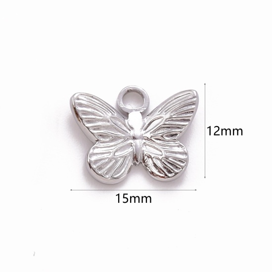 Picture of Eco-friendly 304 Stainless Steel Insect Charms Silver Tone Butterfly Animal 15mm x 12mm, 1 Piece