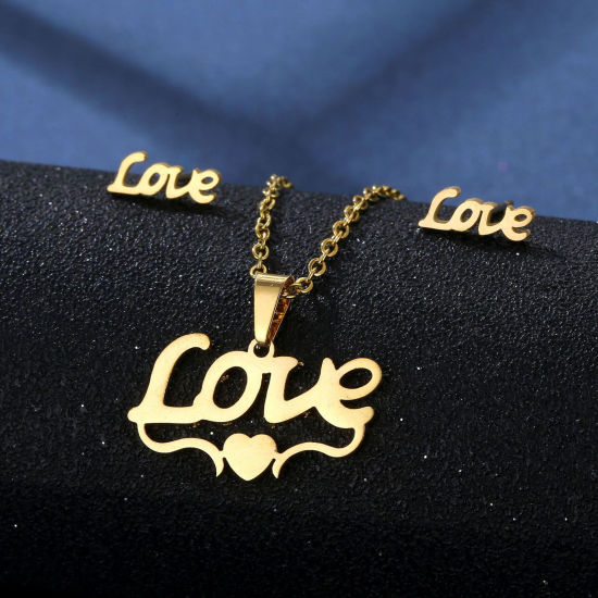 201ステンレス鋼 母の日 ネックレス・イヤリングピアスセット 金メッキ ハート 文字「 LOVE」 45cm長さ、 1 セット の画像