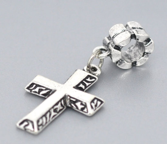 Image de 10 Pcs Perles de Charme Pendantes pour la Fabrication de Bijoux de Bracelet et de Collier au Style Européen en Alliage de Zinc Croix Argent Vieilli 40mm x 17mm